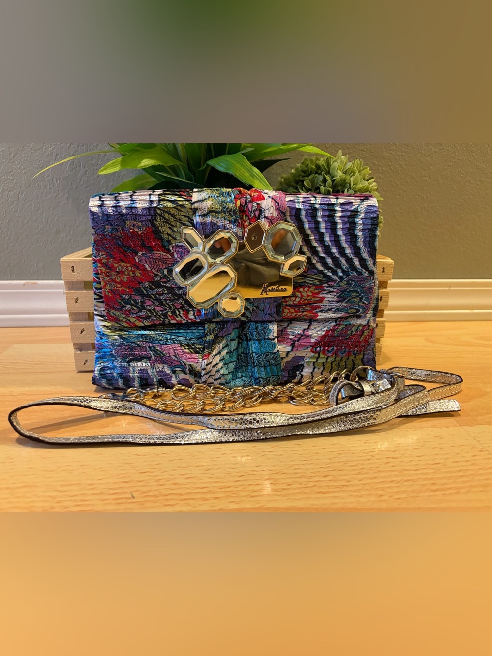 Marciano Multicolor Floral Print Clutch with Silver Accent
